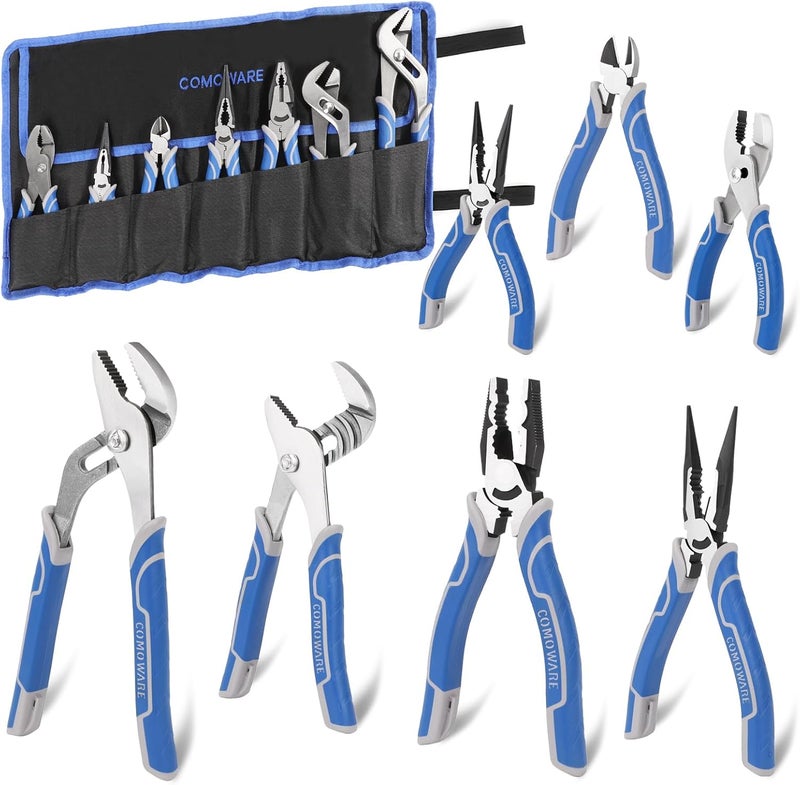 COMOWARE 7Pcs Pliers Set, Mechanic Plier with Rolling Pouch, 10", 8" Groove Joint Pliers, 8" Adjustable Wrench, 8" Linesman, 6" Long Needle Nose, 6" Slip Joint, 6" Diagonal, Roll-Up Pouch Organizer - Image 1